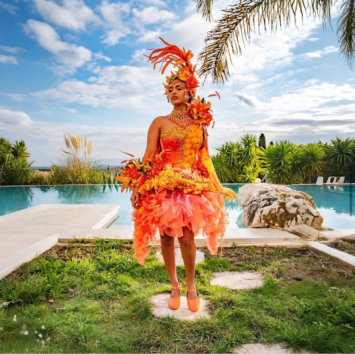 Robe orange fleurie et coiffe assortie, dans un jardin méditerranéen